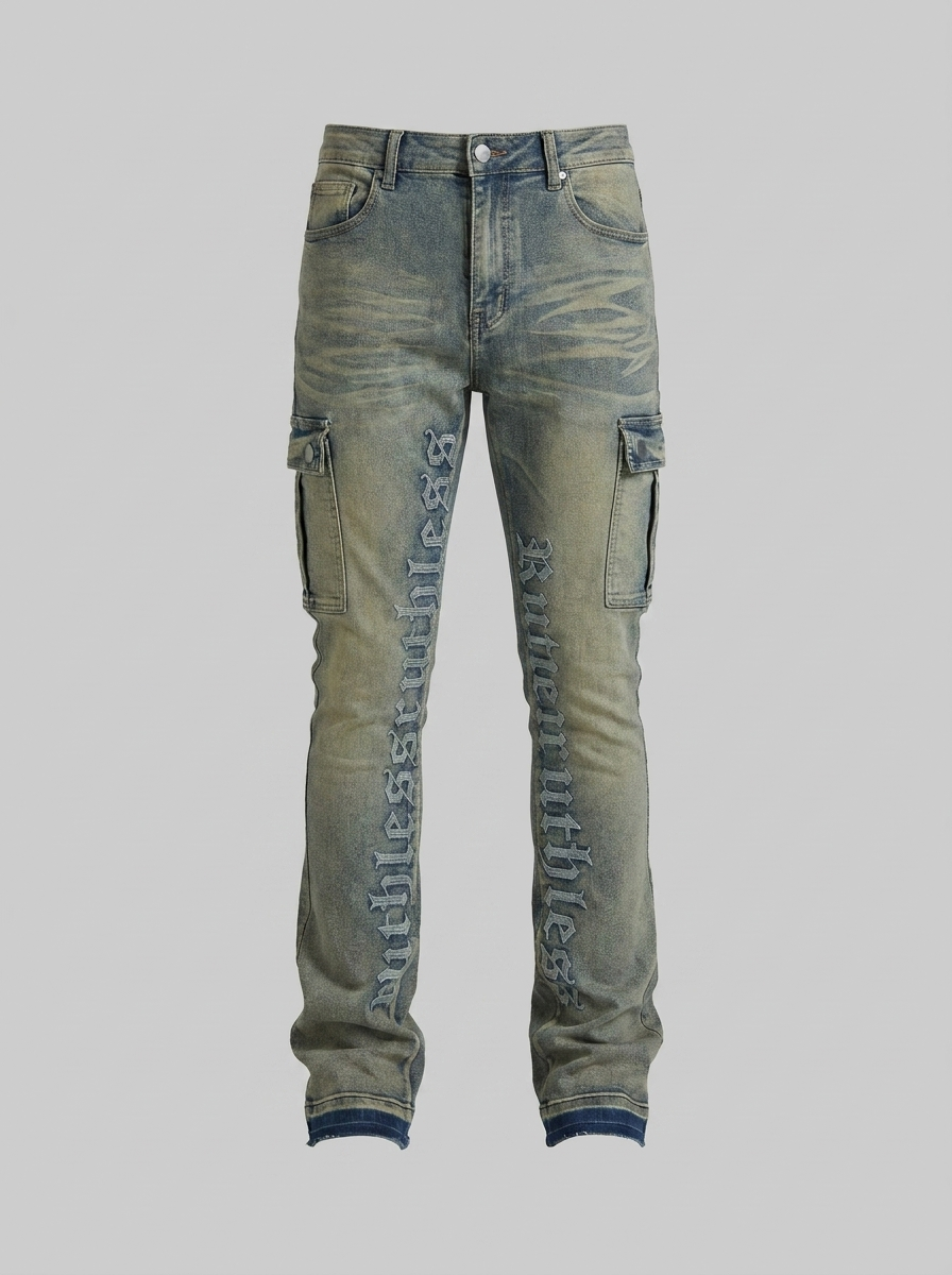 Ruthless Embroidered Stacked Skinny Cargo Flare Jeans